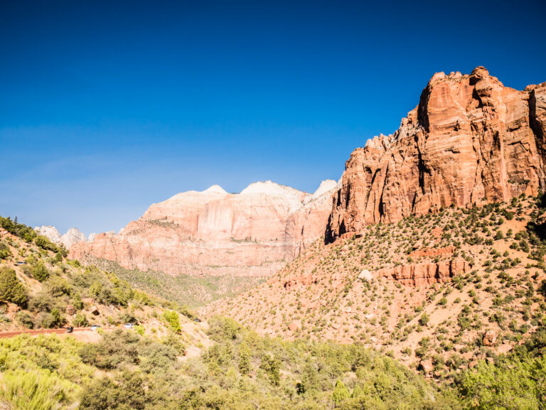 Panoramic shot of the Zion National Park Springdale in USA with a blue sky background